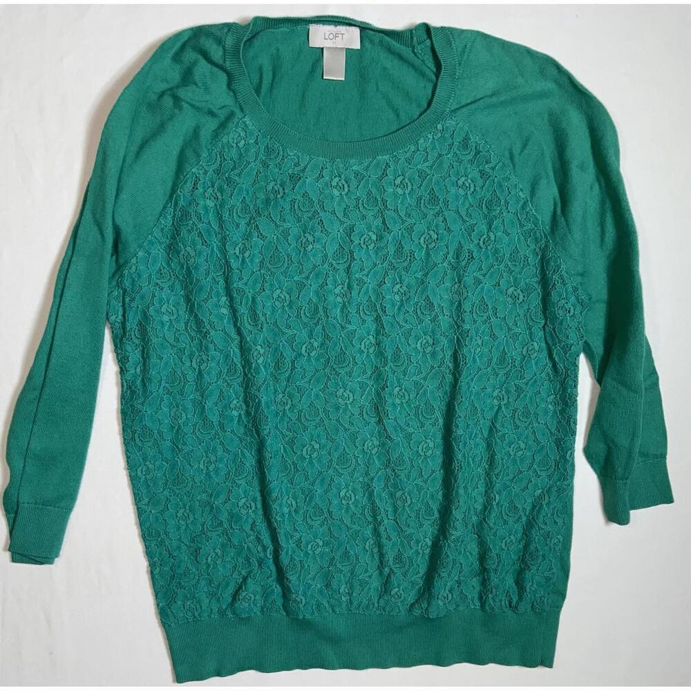 Ann Taylor LOFT Sweater Women Medium Green Knit Crew Neck Cotton Pullover Casual